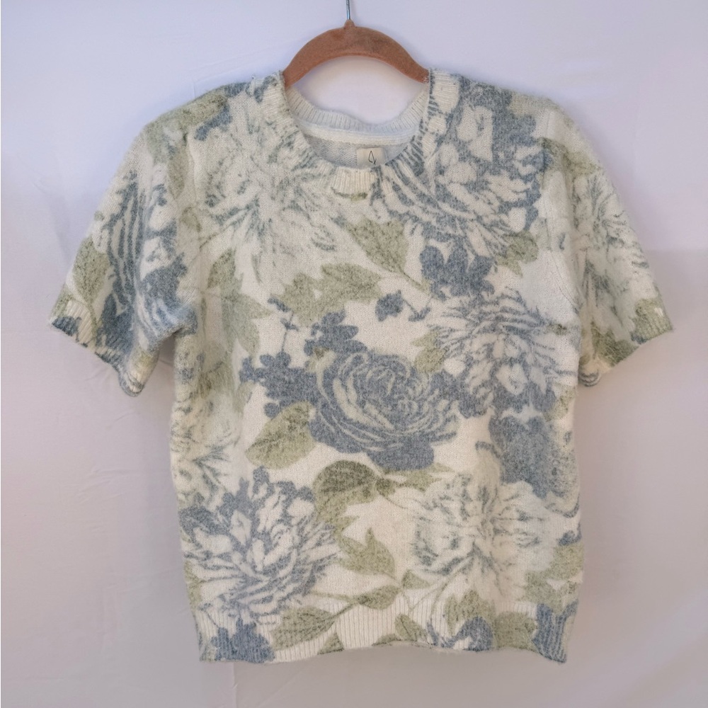 Hope Floral Knit Sweater Top Size L Soft Fuzzy Short Sleeve Cottagecore